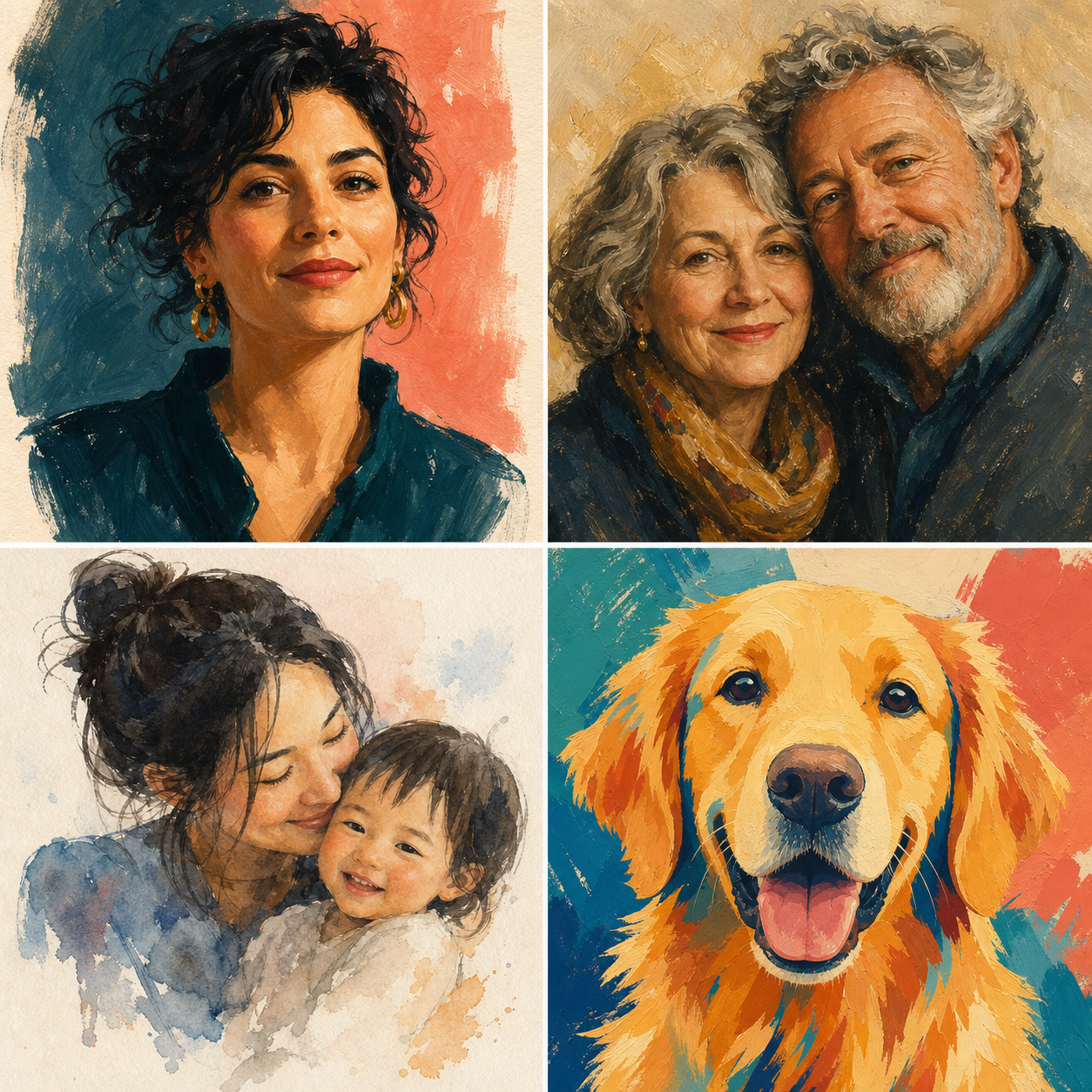 Four personal art portraits of people, a family and a dog